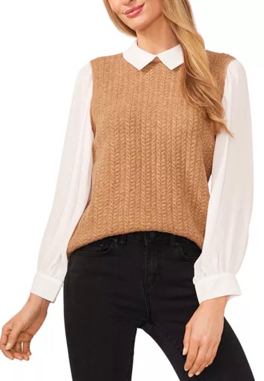 CeCe Layered Look Cable Vest Blouson Sleeve Collared Blouse, Latte, Large